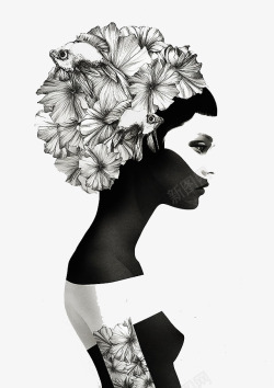 黑白花朵少女素材