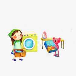 抱着脏衣服的女人用洗衣机洗衣服的女孩高清图片
