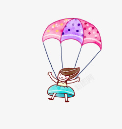 手绘卡通小女孩降落伞飞行素材