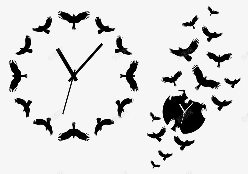 钟表和鸟群剪影png免抠素材_新图网 https://ixintu.com 剪影 时钟 时间 素描钟