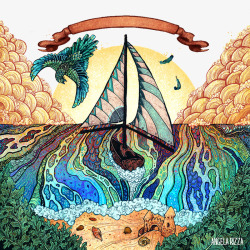 创意彩绘海浪帆船图案素材