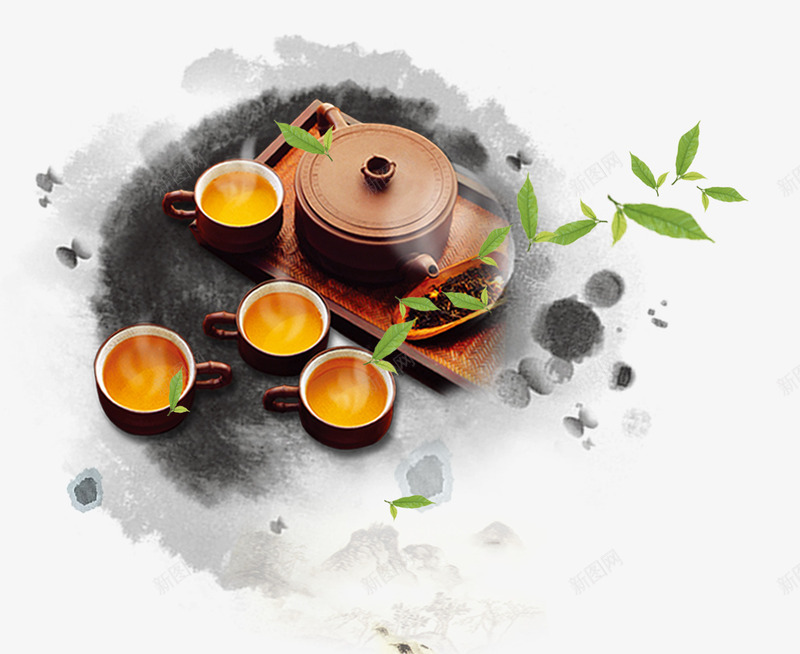 茶具元素png免抠素材_新图网 https://ixintu.com 古典 树叶漂浮 煮茶茶具 茶具 茶杯 茶水