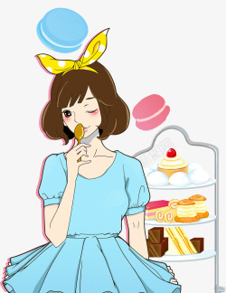 卡通手绘吃甜点的少女插画素材