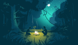 卡通背景两个生火的人物月光森林素材