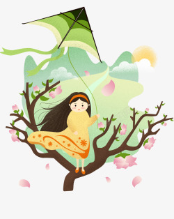 免抠粉色风筝卡通春季树上站立的女孩高清图片