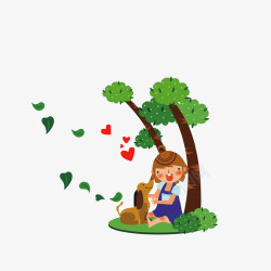 在树下说话的女孩和小狗在树下玩耍的女孩高清图片