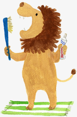 牙刷盒牙膏筒站在绿色条纹魔法飞毯上的狮子在高清图片