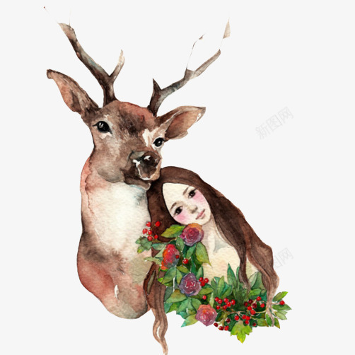小鹿少女依偎片png免抠素材_新图网 https://ixintu.com 小鹿 少女依靠 手绘画 驯鹿
