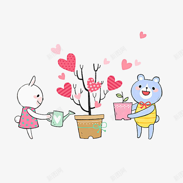 一颗爱心树png免抠素材_新图网 https://ixintu.com 卡通 可爱的 小熊 小白兔 水壶 爱心树 盆景