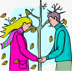 爱侣卡通插图冬日情侣握手面对面高清图片