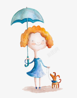撑雨伞手绘水彩卡通插图撑雨伞走在路上高清图片