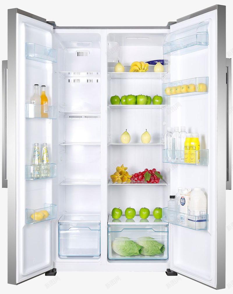 打开的冰箱png免抠素材_新图网 https://ixintu.com 产品实物 储存 家具 家电 对开门 水果 食物