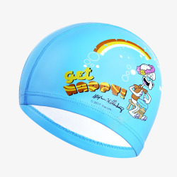 专业防水护耳游泳帽蓝色儿童PU泳帽高清图片