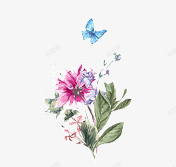 水彩花朵png免抠素材_新图网 https://ixintu.com 和谐家园 好看 小文艺 小清新 红色的花 绿叶 蓝色蝴蝶 鲜花