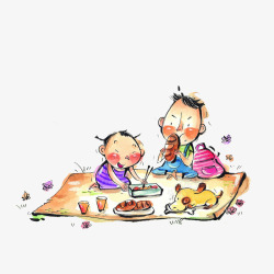 开心的爸爸卡通和爸爸一起野餐的小女孩高清图片