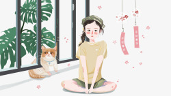 粉色狗狗卡通手绘坐在窗边的女孩高清图片