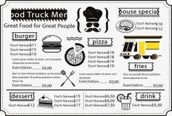 米饭快餐车卡通披萨快餐菜单矢量图海报