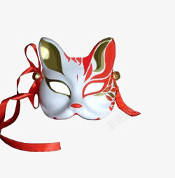 半夹式红色丝带铃铛半脸式和风狐狸面具高清图片