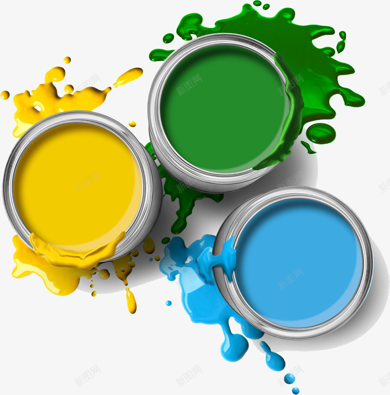 涂料油漆png免抠素材_新图网 https://ixintu.com 喷溅的油漆 喷溅的涂料 墙绘 彩绘 油漆 油漆桶 涂料 涂料桶 绿 美术 蓝 颜料 黄