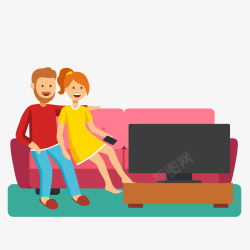 扁平人物时钟卡通在家看电视的情侣矢量图高清图片