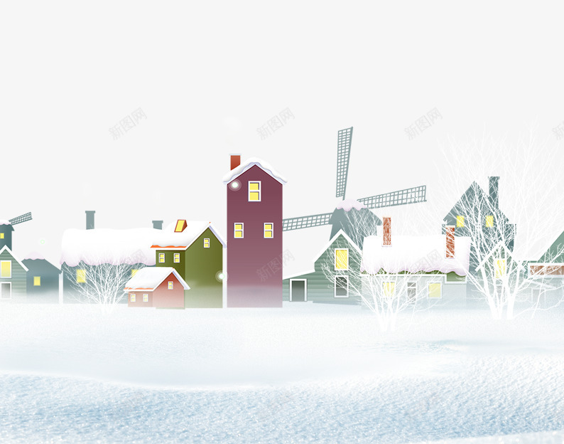 雪地里的村庄png免抠素材_新图网 https://ixintu.com 下雪 冬天 冬季 冬景 房子 树 白色 雪 雪花 风车