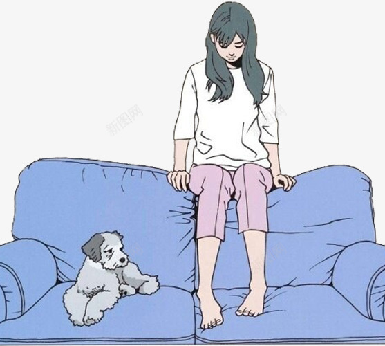 坐在沙发上的少女psd免抠素材_新图网 https://ixintu.com 女孩 小狗 手绘 蓝色沙发