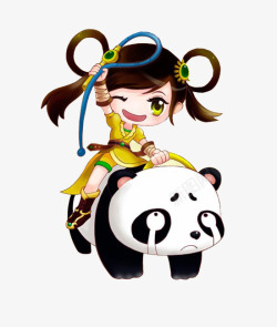 骑熊猫的小女孩素材