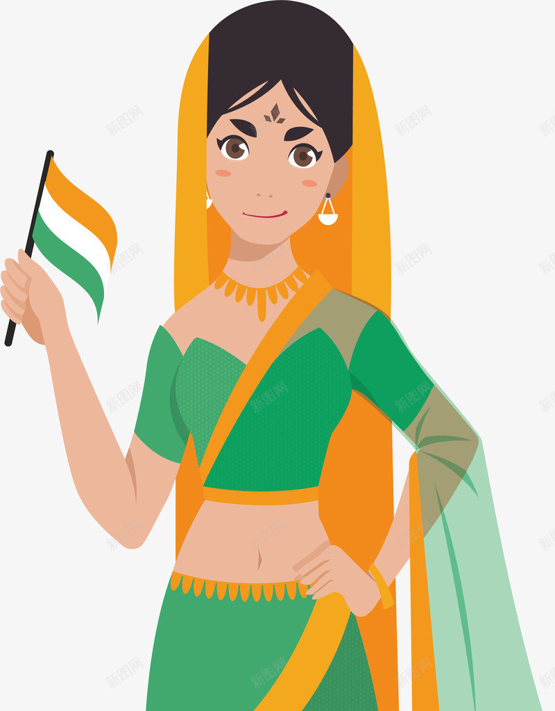 美丽的印度少女矢量图eps免抠素材_新图网 https://ixintu.com 印度 印度少女 印度节日 小旗子 拿着小旗 矢量png 矢量图 美丽的少女