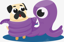 紫色章鱼被章鱼束缚的小狗矢量图高清图片