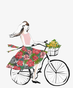 粉色裙小清新粉色碎花裙骑自行车的女孩高清图片