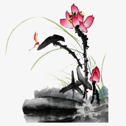 国画蜻蜓中国风水墨花草蜻蜓高清图片