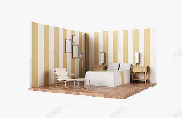 双人房间png免抠素材_新图网 https://ixintu.com 双人床 室内设计 房间模型 条纹 简约风格 装修模板 装饰