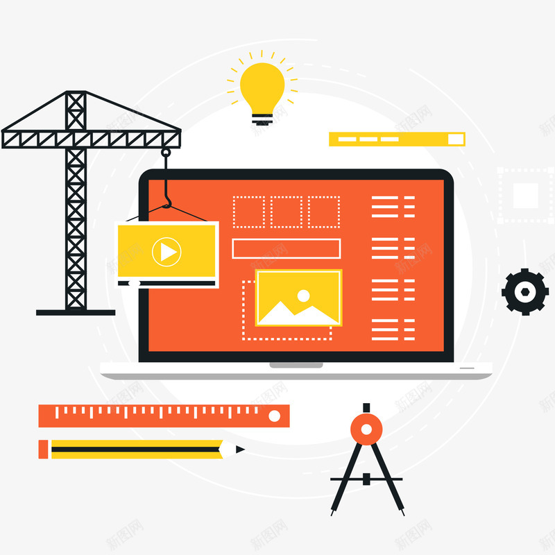 网站建设矢量图eps免抠素材_新图网 https://ixintu.com 尺子 显示器 电灯 网站建设 铅笔 矢量图
