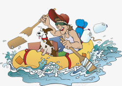 卡通插图男孩与小狗划皮划艇素材