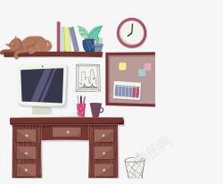办公桌平面图卡通办公桌和猫咪矢量图高清图片