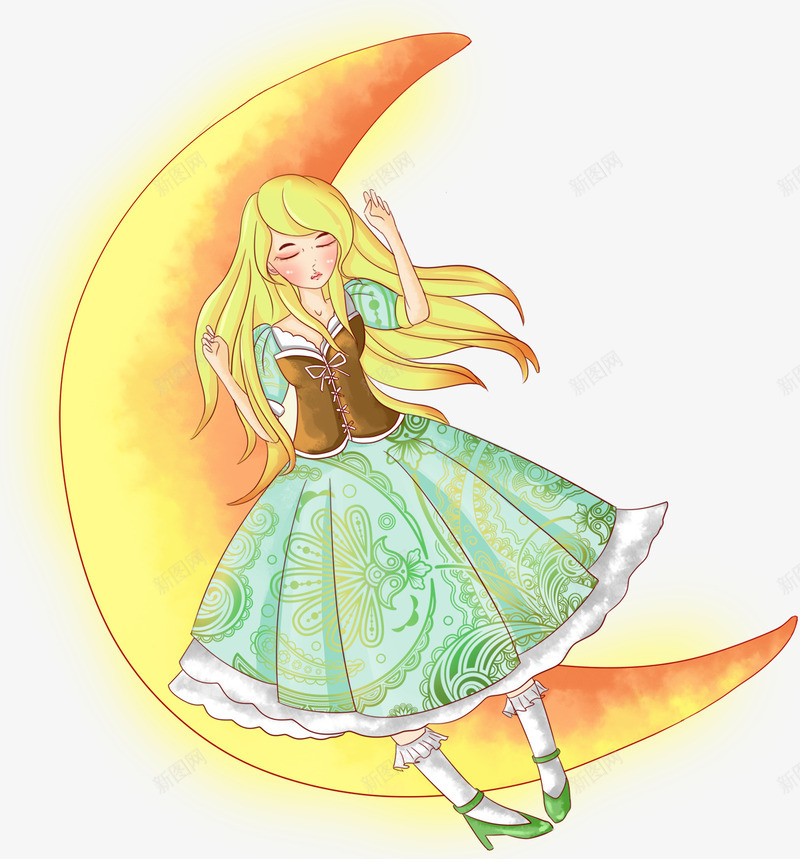 躺在月亮上的睡美人png免抠素材_新图网 https://ixintu.com 卡通手绘 女孩 插画 月亮 睡美人 装饰图案