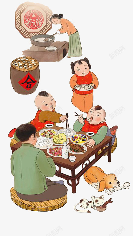 春节阖家吃饺子png免抠素材_新图网 https://ixintu.com 喜庆 年饭 春节 煮饺子