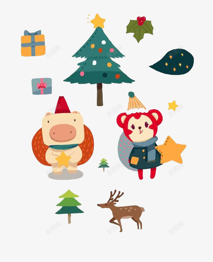 圣诞壁纸png免抠素材_新图网 https://ixintu.com 圣诞树 圣诞老人 小猪 小鹿
