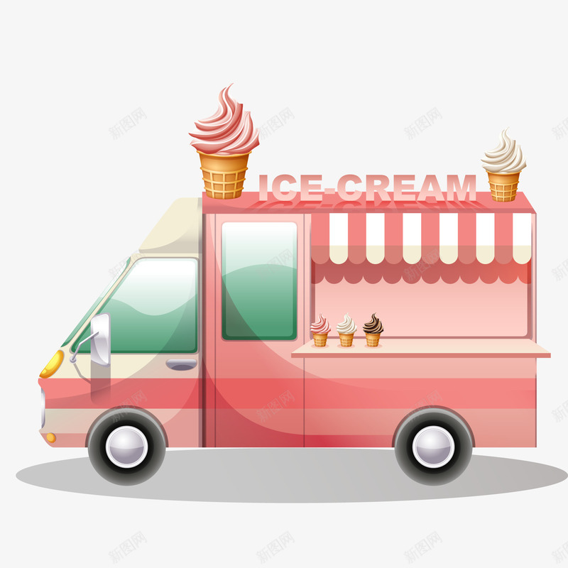 粉红色的餐车矢量图ai免抠素材_新图网 https://ixintu.com 冰淇淋 卡通 售卖车 粉红色 贩卖车 餐车设计 矢量图