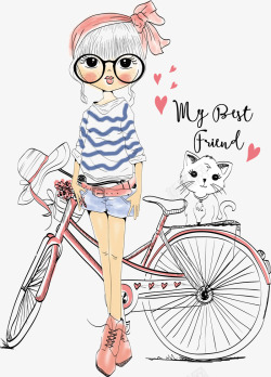 T恤装饰小女孩猫咪自行车矢量图高清图片