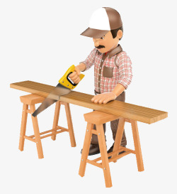 锯木板3D人物可爱装修木工师傅锯木板高清图片