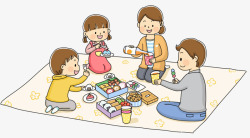 四口野餐卡通手绘郊游的一家人高清图片