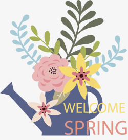 春天欢迎您水壶中的花朵素材