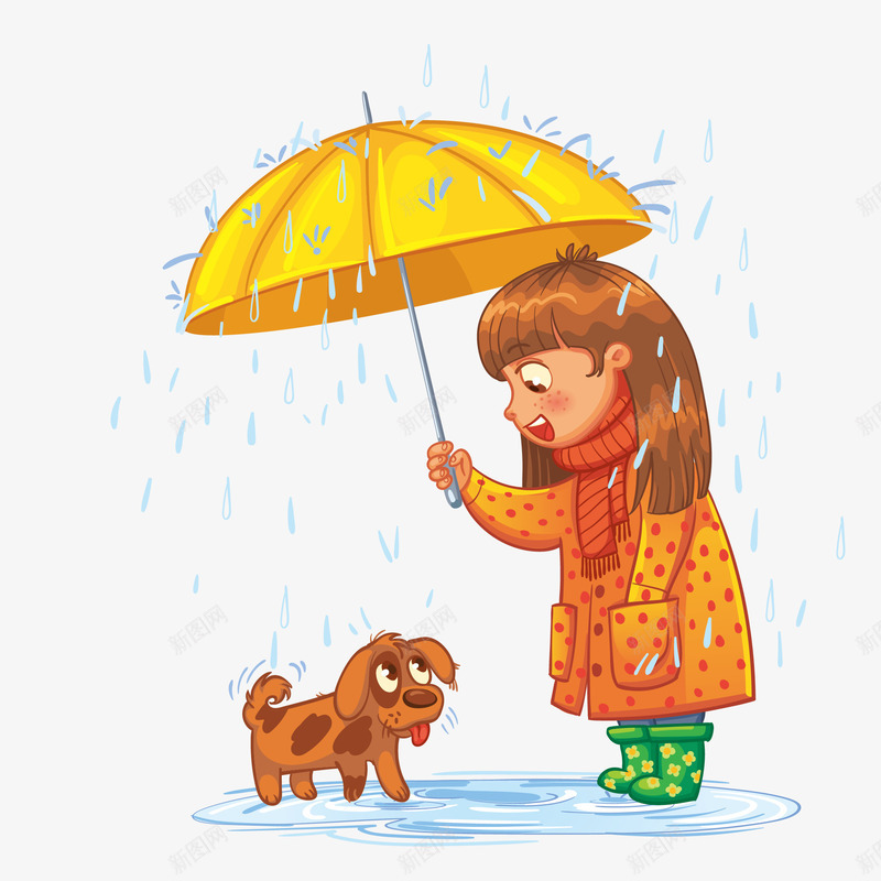有爱心的小姑娘png免抠素材_新图网 https://ixintu.com PNG图形 卡通 女孩 小狗 装饰 雨伞 雨水
