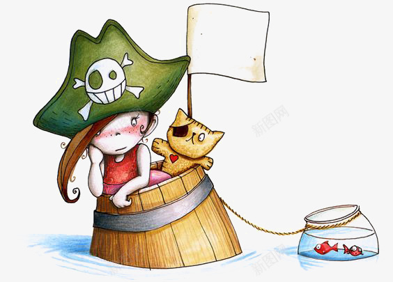 船长png免抠素材_新图网 https://ixintu.com captain 创意卡通插画 小女孩 小狗 手绘船长 木头船 海盗帽