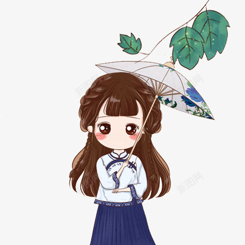 长发少女雨伞叶子png免抠素材_新图网 https://ixintu.com 可爱 服饰 民国 民国风 裙子