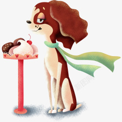 手绘看着甜品零食的小狗插画素材