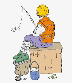 卡通风坐着钓鱼的金发男孩背影图素材
