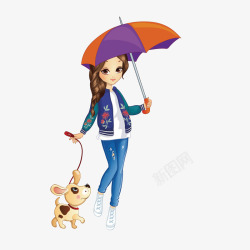 美丽雨伞卡通手绘遛狗的女孩高清图片