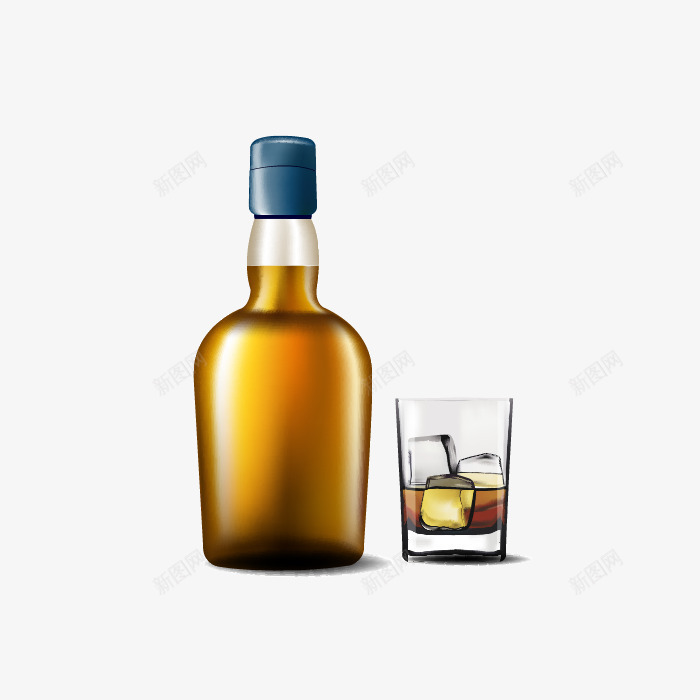 威士忌酒瓶矢量图ai免抠素材_新图网 https://ixintu.com 冰块 白酒 矢量威士忌酒瓶 酒杯 酒水 矢量图